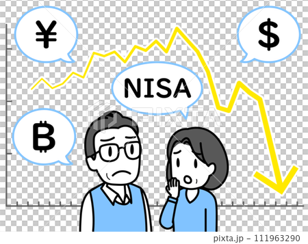 A chart with a downward trend and a middle-aged and elderly couple with a gloomy expression (line graph/currency symbol) 111963290