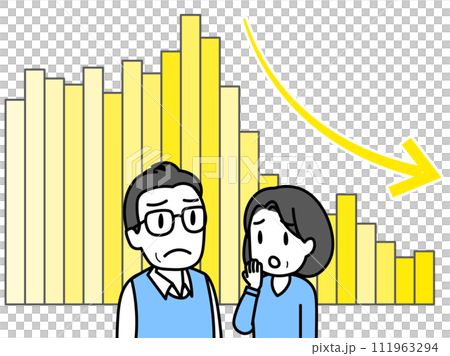 下落傾向のチャートと暗い表情の中高年夫婦(棒グラフ) 下落傾向のチャートと暗い表情の中高年夫婦(棒グラフ) 111963294