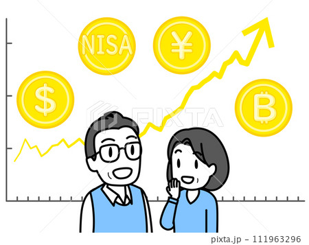 上昇傾向のチャートと明るい表情の中高年夫婦（折れ線グラフ・金貨） 111963296