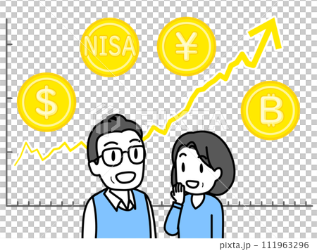 Upward trend chart and middle-aged and elderly couple with bright expressions (line graph, gold coins) 111963296