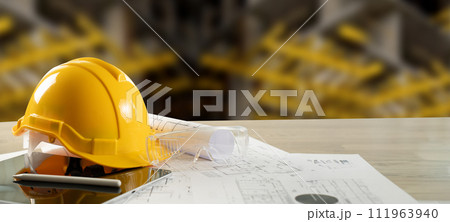 engineer architect Workstation with laptop computer in office blueprint on table house construction project planning 111963940