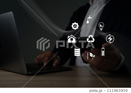 Reduce CO2 emissions and carbon Businessman working virtual modern computer to reduce CO2 Reduce CO2 emissions and carbon Businessman working virtual modern computer to reduce CO2 111963950
