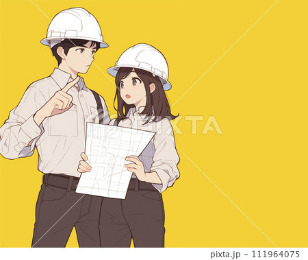建設現場で働く男女 設計図を見る(AI生成画像) 建設現場で働く男女 設計図を見る(AI生成画像) 111964075