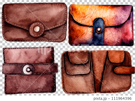 Collection of materials for watercolor-style leather accessories and leather wallets AI images 111964396
