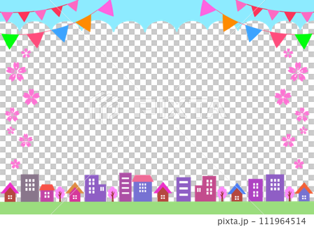 春季活動框架城市景觀、花環和櫻花 111964514