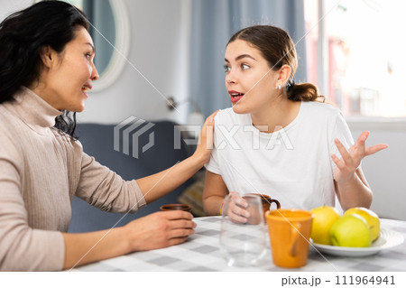Two women talking and drinking tea in apartment 111964941