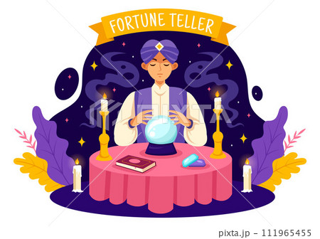 Fortune Teller Vector Illustration with Crystal Ball, Magic Book or Tarot for Predicts Fate and Telling the Future Concept in Flat Cartoon Background 111965455