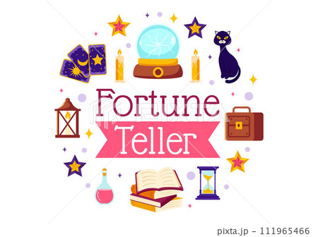 Fortune Teller Vector Illustration with Crystal Ball, Magic Book or Tarot for Predicts Fate and Telling the Future Concept in Flat Cartoon Background Fortune Teller Vector Illustration with Crystal Ball, Magic Book or Tarot for Predicts Fate and Telling the Future Concept in Flat Cartoon Background 111965466