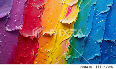 Colorful abstract of flowing paint, showcasing a vivid spectrum of colors with a glossy, wet texture. Generative AI. 111965560