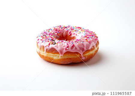 A classic donut topped with pink icing and a cheerful sprinkle of colorful confetti on white background. Generative AI. 111965587
