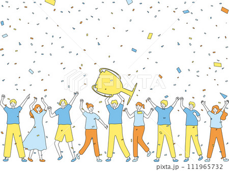 トロフィーを掲げ盛り上がる大勢 トロフィーを掲げ盛り上がる大勢 111965732