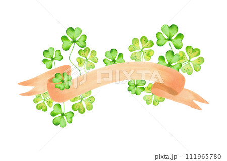 Brown ribbon for text with clover leaves for St. Patrick's Day.Watercolor and marker illustration. Hand drawn isolated stripe for banner.Botanical composition for holiday decoration. Brown ribbon for text with clover leaves for St. Patrick's Day.Watercolor and marker illustration. Hand drawn isolated stripe for banner.Botanical composition for holiday decoration. 111965780