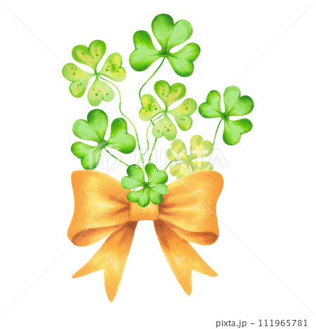 Bouquet of clover leaves with a yellow bow. Symbol of St. Patrick's Day. Watercolor and marker illustration. Hand drawn isolated sketch. Clip art composition for cards, stickers or template. 111965781