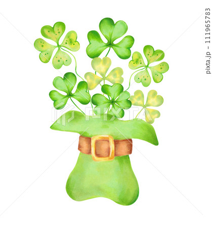 Leprechaun top hat with clover for St.Patrick's Day. Illustration with watercolors and markers.Clip art composition of a hat with petals.Hand drawn isolated art.Sketch of classic retro vintage style. 111965783