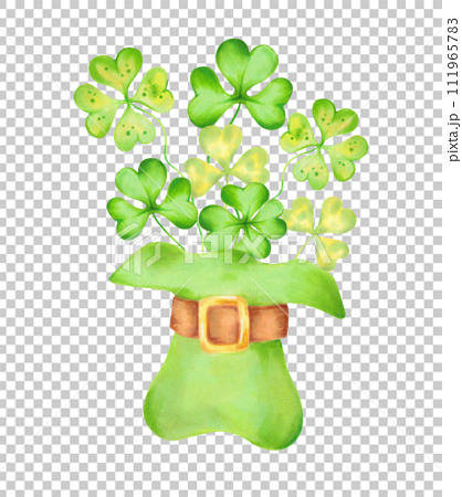Leprechaun top hat with clover for St.Patrick's Day. Illustration with watercolors and markers.Clip art composition of a hat with petals.Hand drawn isolated art.Sketch of classic retro vintage style. 111965783