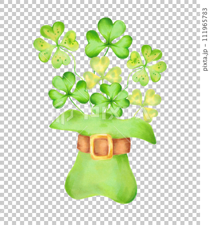 Leprechaun top hat with clover for St.Patrick's Day. Illustration with watercolors and markers.Clip art composition of a hat with petals.Hand drawn isolated art.Sketch of classic retro vintage style. 111965783