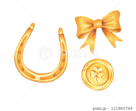 Gold coin with horseshoe and bow for St. Patrick's Day. Illustration with watercolors and markers. Clip art with metal structure.Hand drawn isolated art. Sketch of classic retro vintage style. 111965784