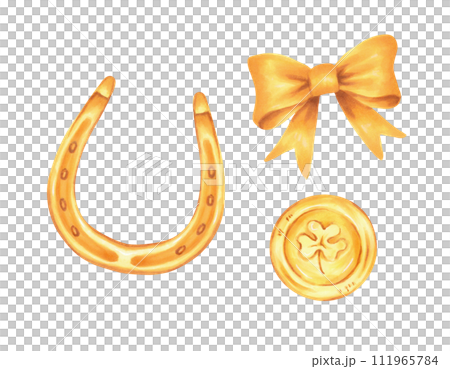 Gold coin with horseshoe and bow for St. Patrick's Day. Illustration with watercolors and markers. Clip art with metal structure.Hand drawn isolated art. Sketch of classic retro vintage style. 111965784