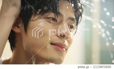 お風呂でシャワーを使って顔や体を洗う男性（洗顔・洗顔料・ボディウォッシュ・ボディソープ） 111965800