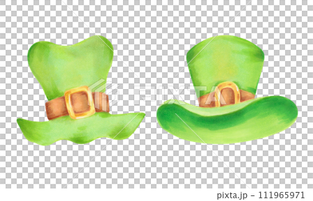 Green leprechaun top hat for St. Patrick's Day. Illustration with watercolors and markers. Clip art of a hat with a gold buckle. Hand drawn isolated art. Sketch of a classic retro vintage top hat. Green leprechaun top hat for St. Patrick's Day. Illustration with watercolors and markers. Clip art of a hat with a gold buckle. Hand drawn isolated art. Sketch of a classic retro vintage top hat. 111965971