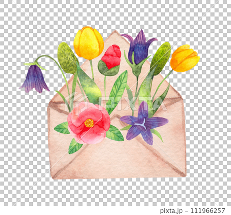 Paper envelope with flowers from the garden. Watercolor simple illustration. Seasonal decoration with tulips, thistles and bluebells. Spring botanical composition for Easter. Hand drawn isolated art. Paper envelope with flowers from the garden. Watercolor simple illustration. Seasonal decoration with tulips, thistles and bluebells. Spring botanical composition for Easter. Hand drawn isolated art. 111966257