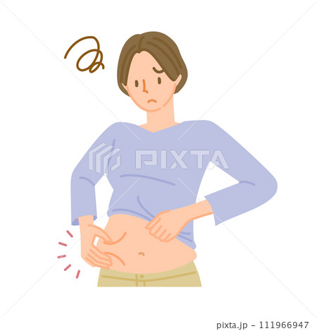 ダイエットの悩み：手でお腹の肉をつまむ女性 111966947