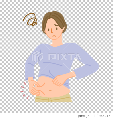 ダイエットの悩み：手でお腹の肉をつまむ女性 111966947