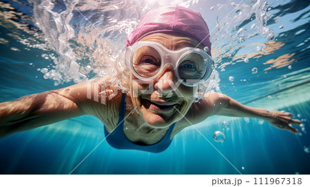 水泳・スイミングをする元気な高齢者の女性・プールで泳ぐシニア 水泳・スイミングをする元気な高齢者の女性・プールで泳ぐシニア 111967318