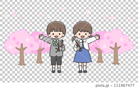 畢業典禮櫻花前並排站著的男生女生 畢業典禮櫻花前並排站著的男生女生 111967477