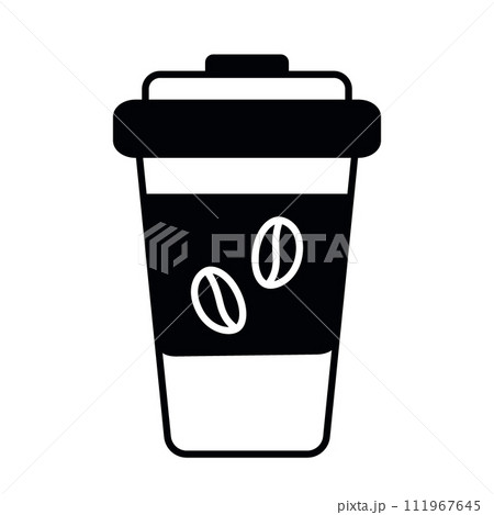 Disposable paper coffee cup with beans on label and lid. Design concept for cards, posters, banners 111967645