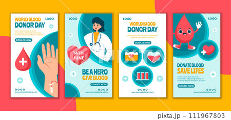 Blood Donor Day Social Media Stories Flat Cartoon Hand Drawn Templates Background Illustration 111967803