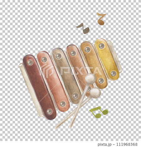 Xylophone Watercolor illustration. Drawing of Baby Toy Piano. Hand drawn clip art on white isolated background. Painting of musical instrument and notes. Educational children games 111968368