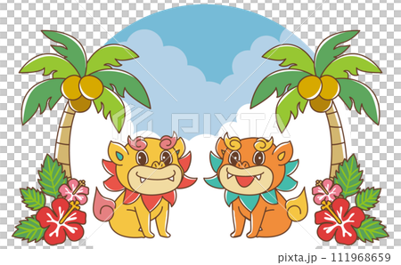 Okinawa palm trees, hibiscus and shisa Okinawa palm trees, hibiscus and shisa 111968659