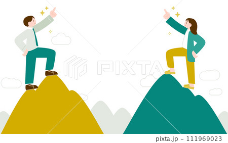 山の頂上で誇らしげに指を差す男女のビジネスマンのイラスト素材 111969023