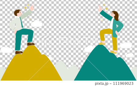 山の頂上で誇らしげに指を差す男女のビジネスマンのイラスト素材 111969023