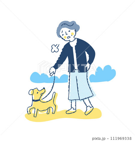 犬の散歩中に疲れてため息をつくシニア女性 111969338