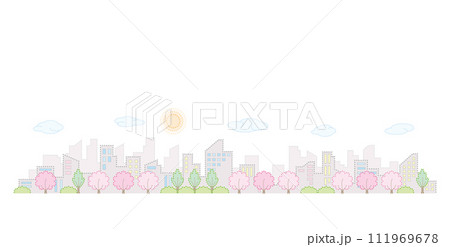 桜の咲く街並み. 春の街並み. 点画のベクターイラスト. 111969678