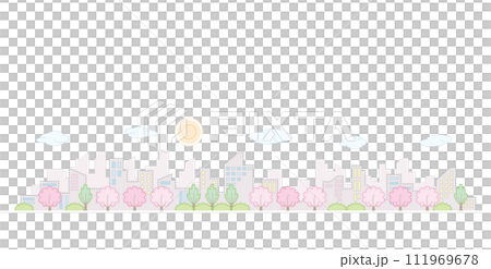 桜の咲く街並み. 春の街並み. 点画のベクターイラスト. 111969678