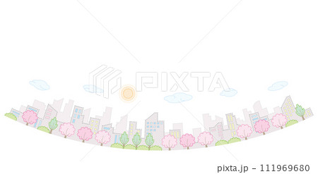 桜の咲く街並み. 春の街並み. 点画のベクターイラスト. 111969680