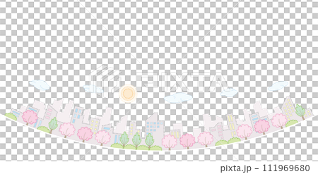 桜の咲く街並み. 春の街並み. 点画のベクターイラスト. 111969680