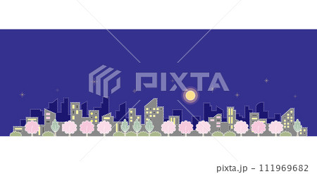 桜の咲く夜の街並み. 春の街並み. 点画のベクターイラスト. 桜の咲く夜の街並み. 春の街並み. 点画のベクターイラスト. 111969682