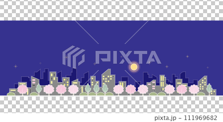 桜の咲く夜の街並み. 春の街並み. 点画のベクターイラスト. 桜の咲く夜の街並み. 春の街並み. 点画のベクターイラスト. 111969682