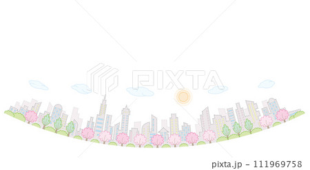 桜の咲く街並み. 春の街並み. 点画のベクターイラスト. 桜の咲く街並み. 春の街並み. 点画のベクターイラスト. 111969758