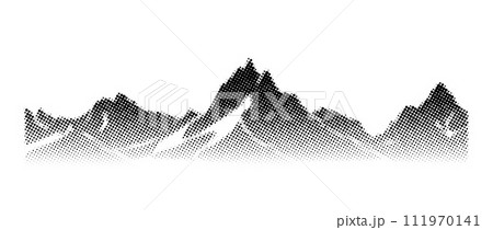 Black halftone mountain range. Grunge texture landscape terrain silhouette. Fading grainy hill chain wallpaper. Grunge dotted noise mountain peak background. Vector scenery rock or sand illustration 111970141