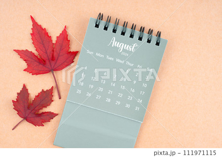 August 2024 monthly calendar and fall leaves. August 2024 monthly calendar and fall leaves. 111971115