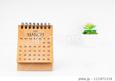 March 2024 Monthly desk calendar for 2024 year with plant pot. 111971319