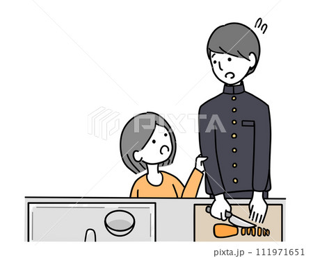 忙しく料理をしている学生のお兄ちゃんと話しかける女の子 忙しく料理をしている学生のお兄ちゃんと話しかける女の子 111971651