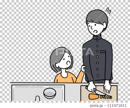 忙しく料理をしている学生のお兄ちゃんと話しかける女の子 忙しく料理をしている学生のお兄ちゃんと話しかける女の子 111971651