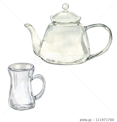 Watercolor illustration of empty transparent teapot for medicinal herbs isolated on white . Glass teapot and mug for tea. Glass utensil hand drawing. For label herbal plants, herbalism, green tea Watercolor illustration of empty transparent teapot for medicinal herbs isolated on white . Glass teapot and mug for tea. Glass utensil hand drawing. For label herbal plants, herbalism, green tea 111971780