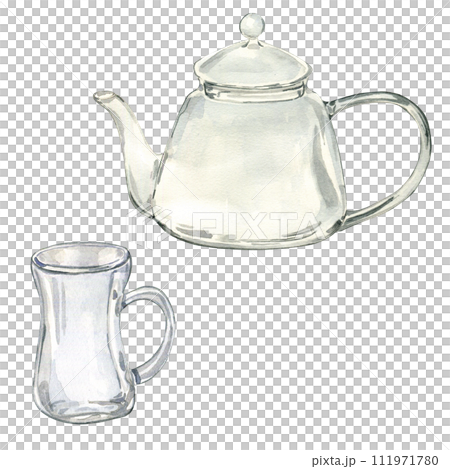 Watercolor illustration of empty transparent teapot for medicinal herbs isolated on white . Glass teapot and mug for tea. Glass utensil hand drawing. For label herbal plants, herbalism, green tea Watercolor illustration of empty transparent teapot for medicinal herbs isolated on white . Glass teapot and mug for tea. Glass utensil hand drawing. For label herbal plants, herbalism, green tea 111971780